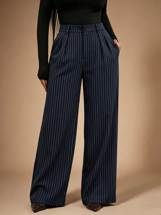 Elegant Navy Pinstripe Wide Leg Trousers for Women with High Waist Pleated Tailored Style