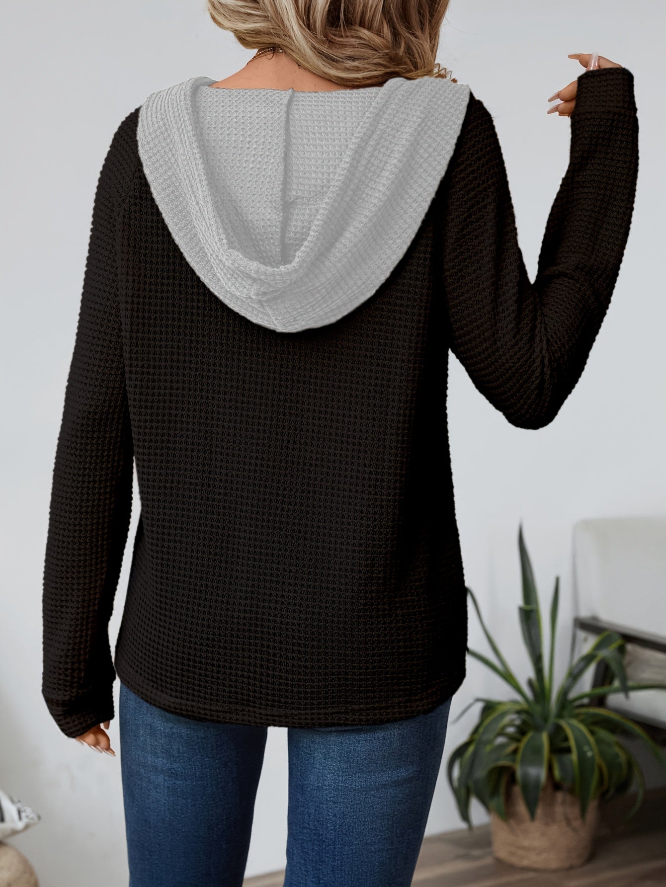Effortless Waffle Knit Hoodie for Women with Drawstring Hood Long Sleeve Button Placket Relaxed Style