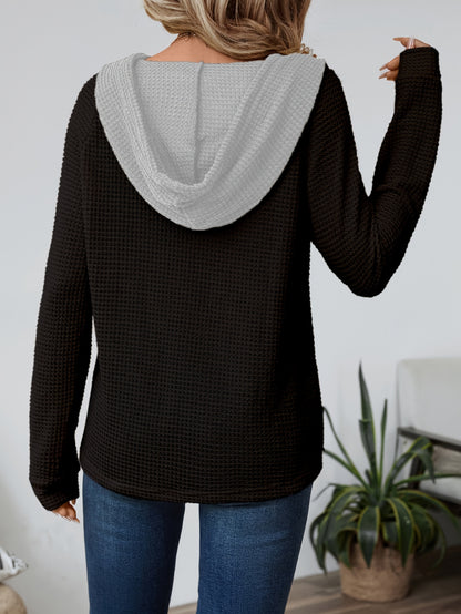 Effortless Waffle Knit Hoodie for Women with Drawstring Hood Long Sleeve Button Placket Relaxed Style