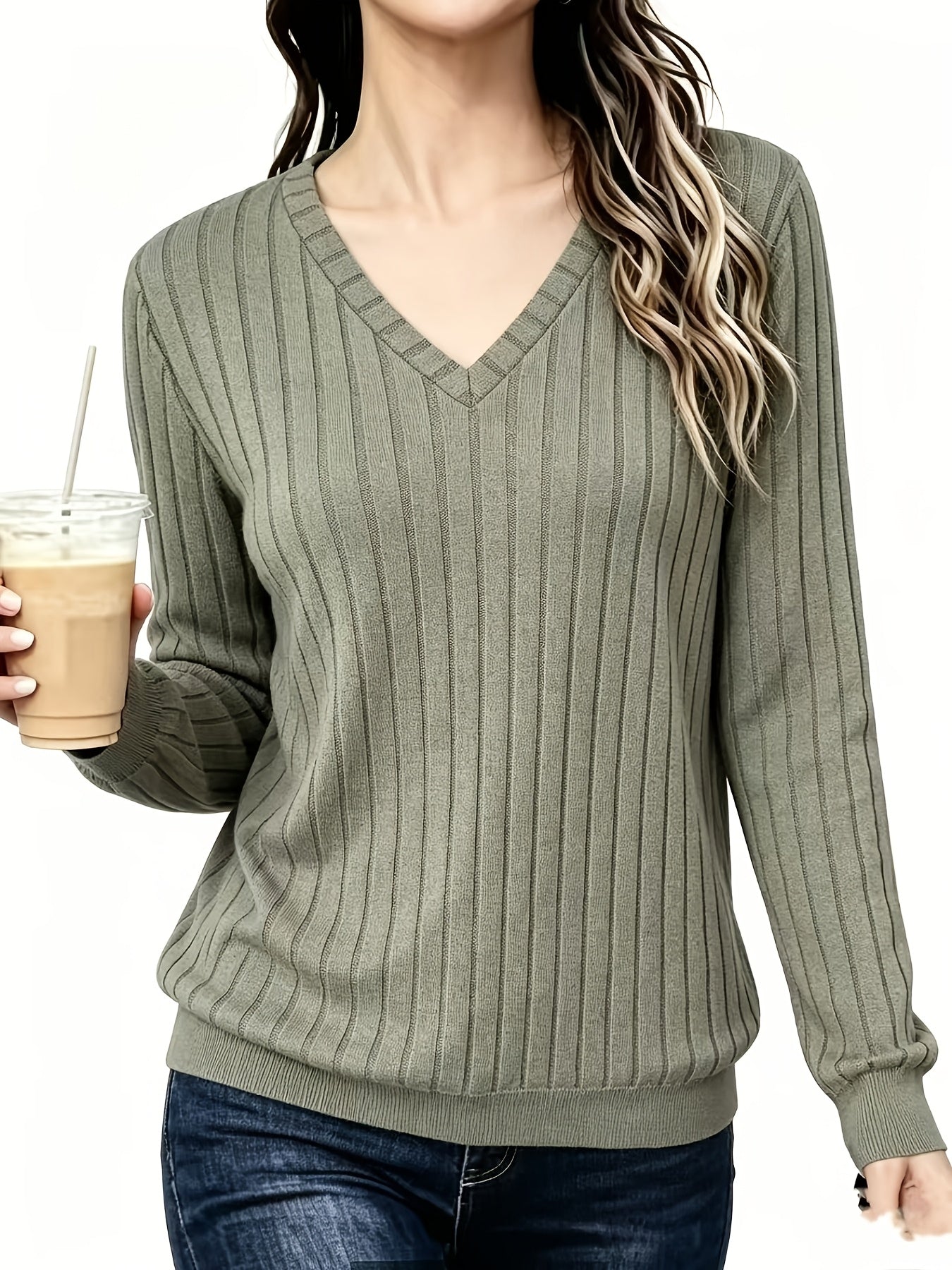 Comfortable Ribbed Knit Sweater for Women with V Neck Long Sleeve Relaxed Oversized Casual Style