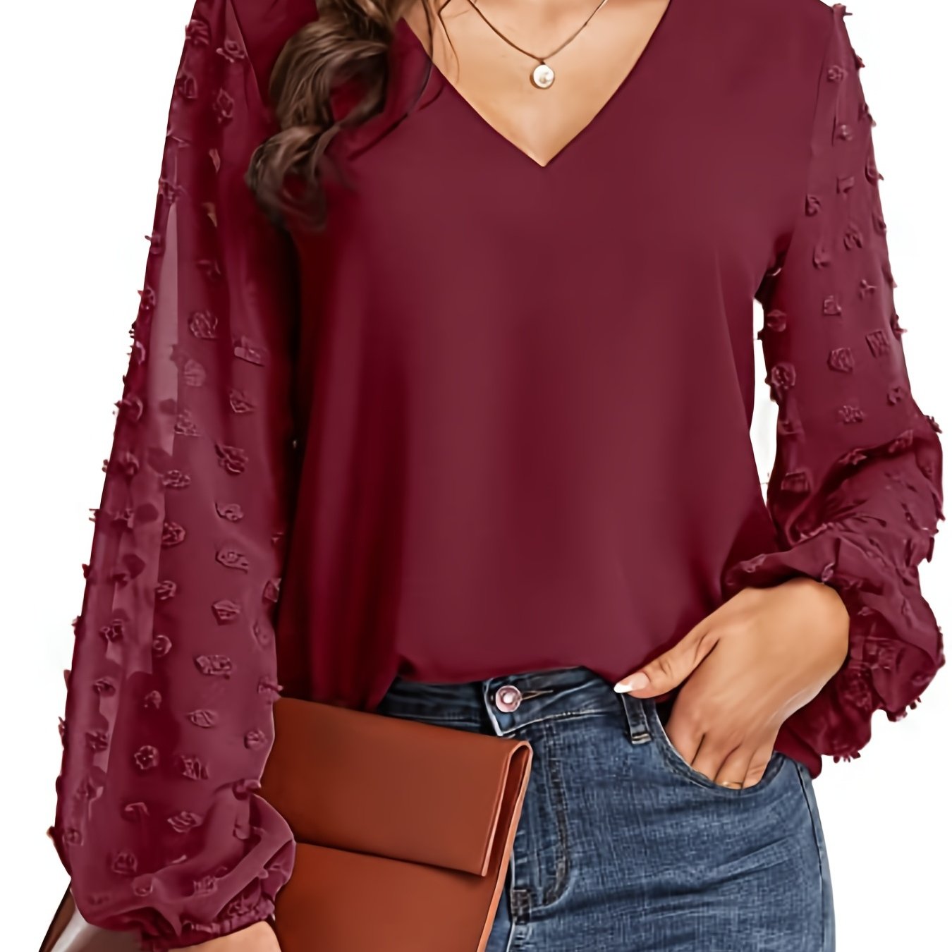 Elegant Swiss Dot Blouse for Women with V Neck Balloon Sleeve Relaxed Silky Style