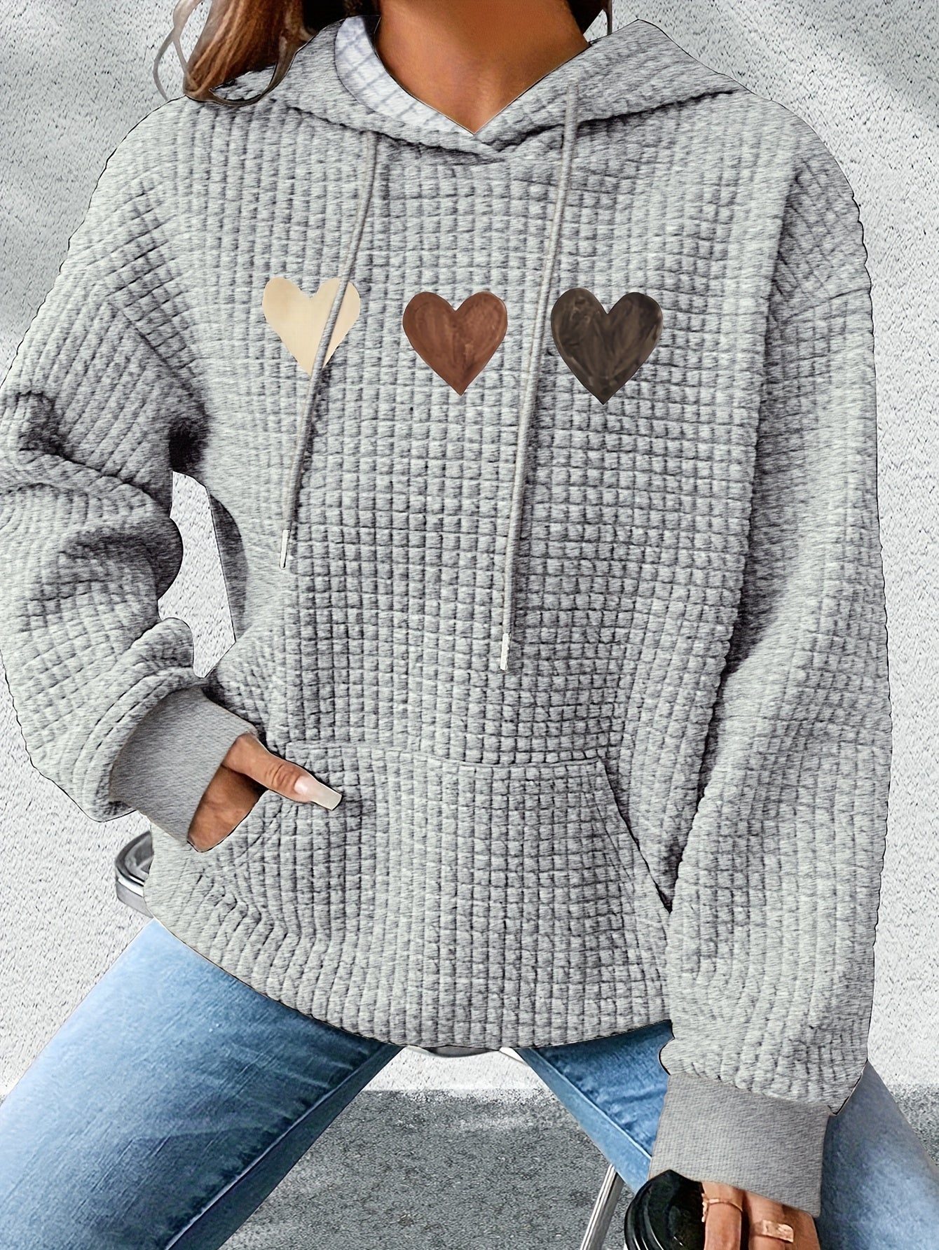 Effortless Heart Print Waffle Knit Hoodie for Women with Drawstring Hood Long Sleeve Oversized Relaxed Style