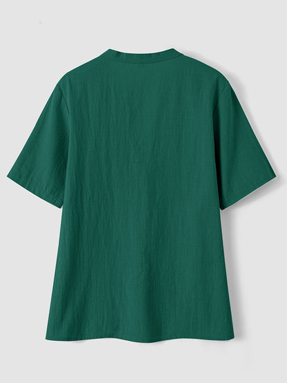 Effortless Textured Linen Blouse for Women with Notch V Neck Short Sleeve Button Front Casual Style