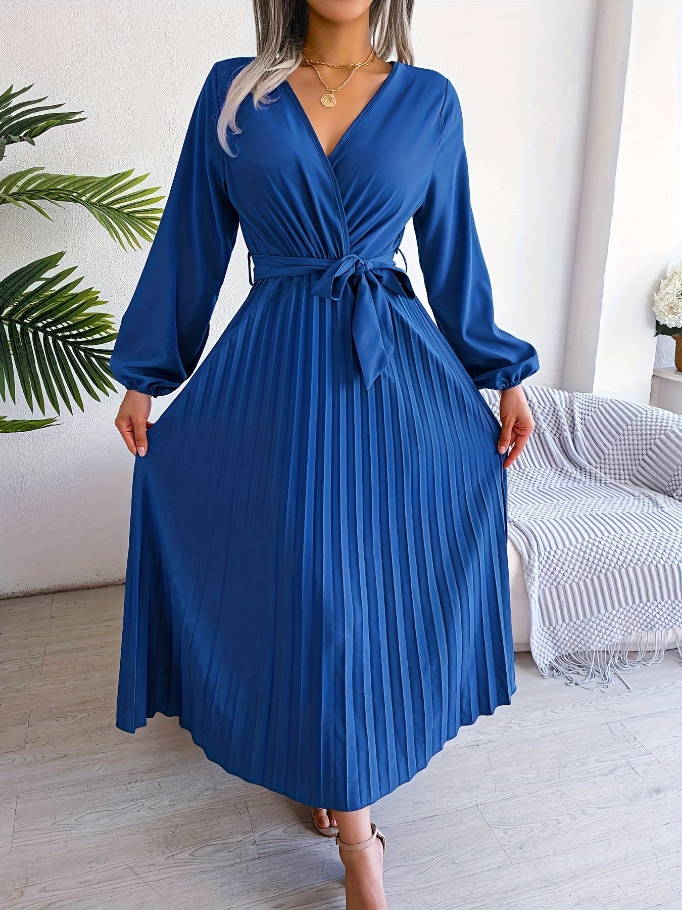 Elegant Pleated Wrap Maxi Dress for Women with V Neck Bishop Sleeve Belted Flowing Style