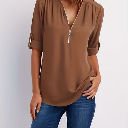 Effortless Chiffon Blouse for Women with V Neck Zip Front Roll Tab Sleeve Relaxed Style