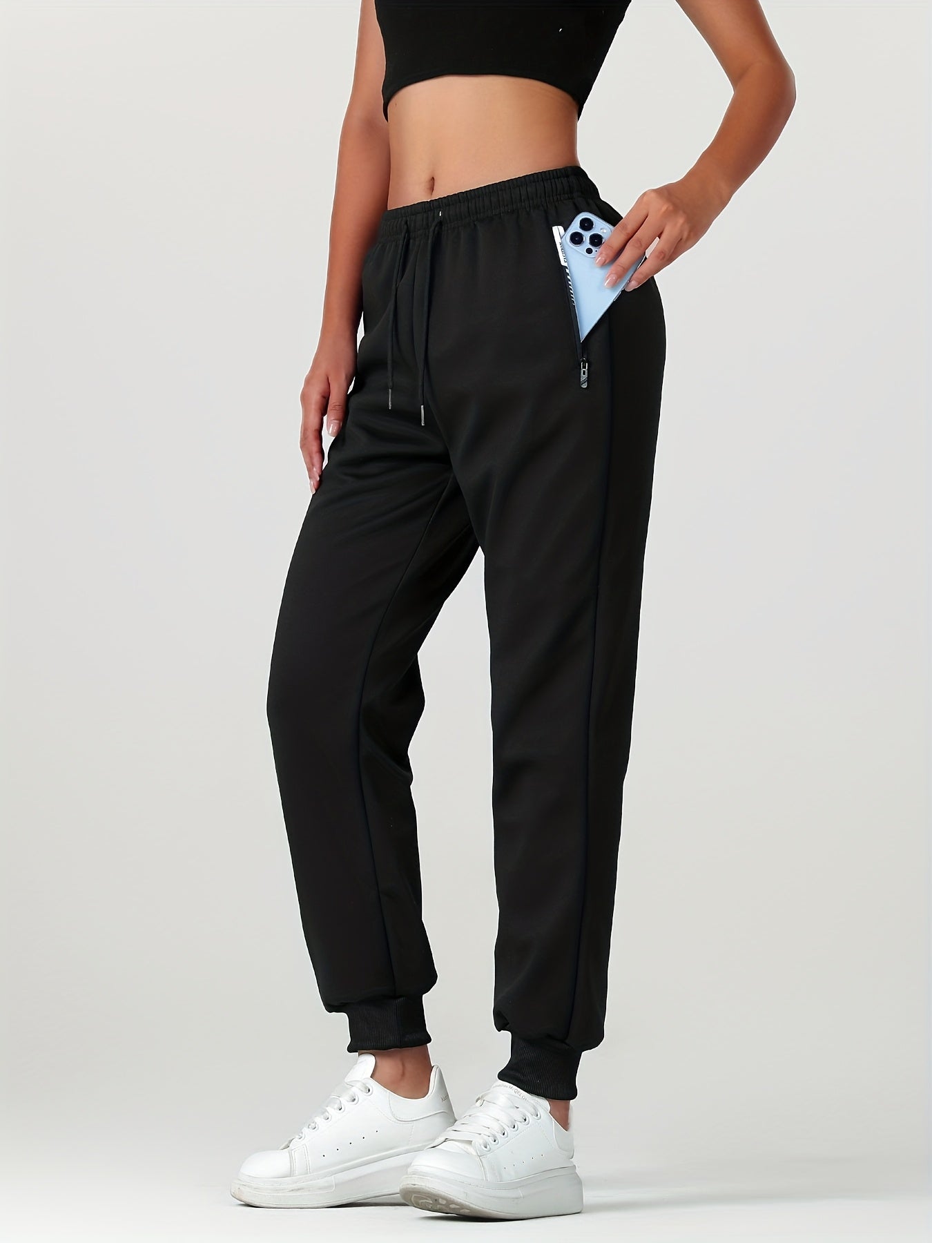 Comfortable Fleece Lined Jogger Sweatpants for Women with Elastic Waistband Drawstring Zip Pocket Relaxed Style