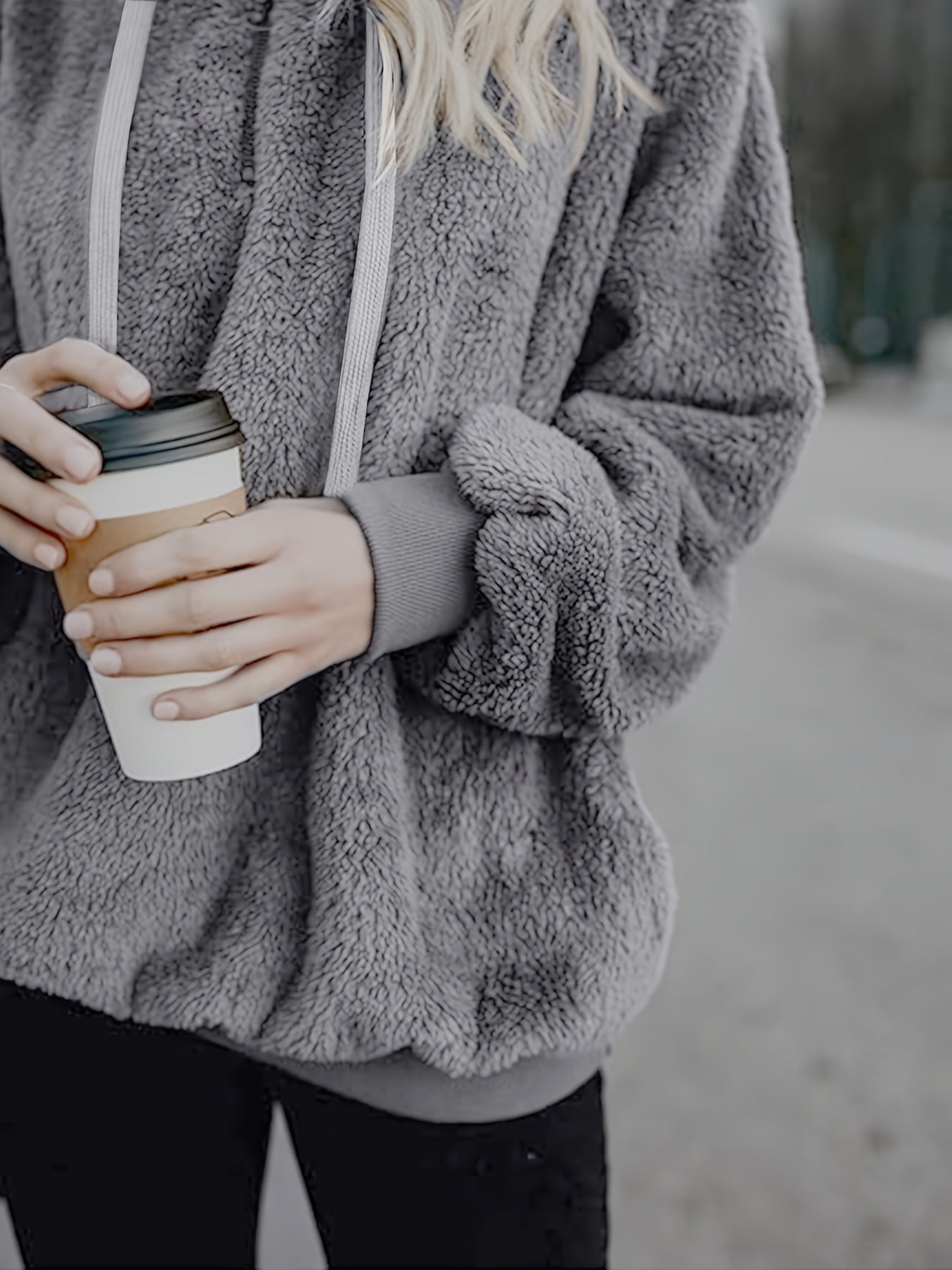 Comfortable Grey Sherpa Hoodie for Women with Quarter Zip Long Sleeve Relaxed Oversized Knit Style