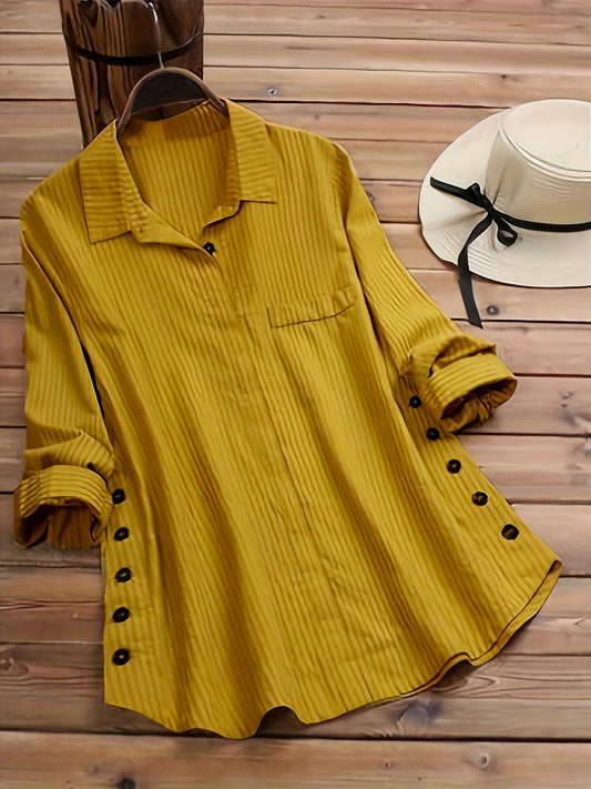 Effortless Striped Tunic Blouse for Women with Collar Long Sleeve Button Front Relaxed Style