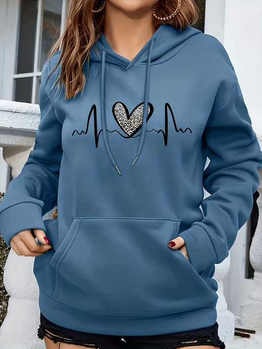 Effortless Heartbeat Print Hoodie for Women with Drawstring Long Sleeve Kangaroo Pocket Relaxed Style