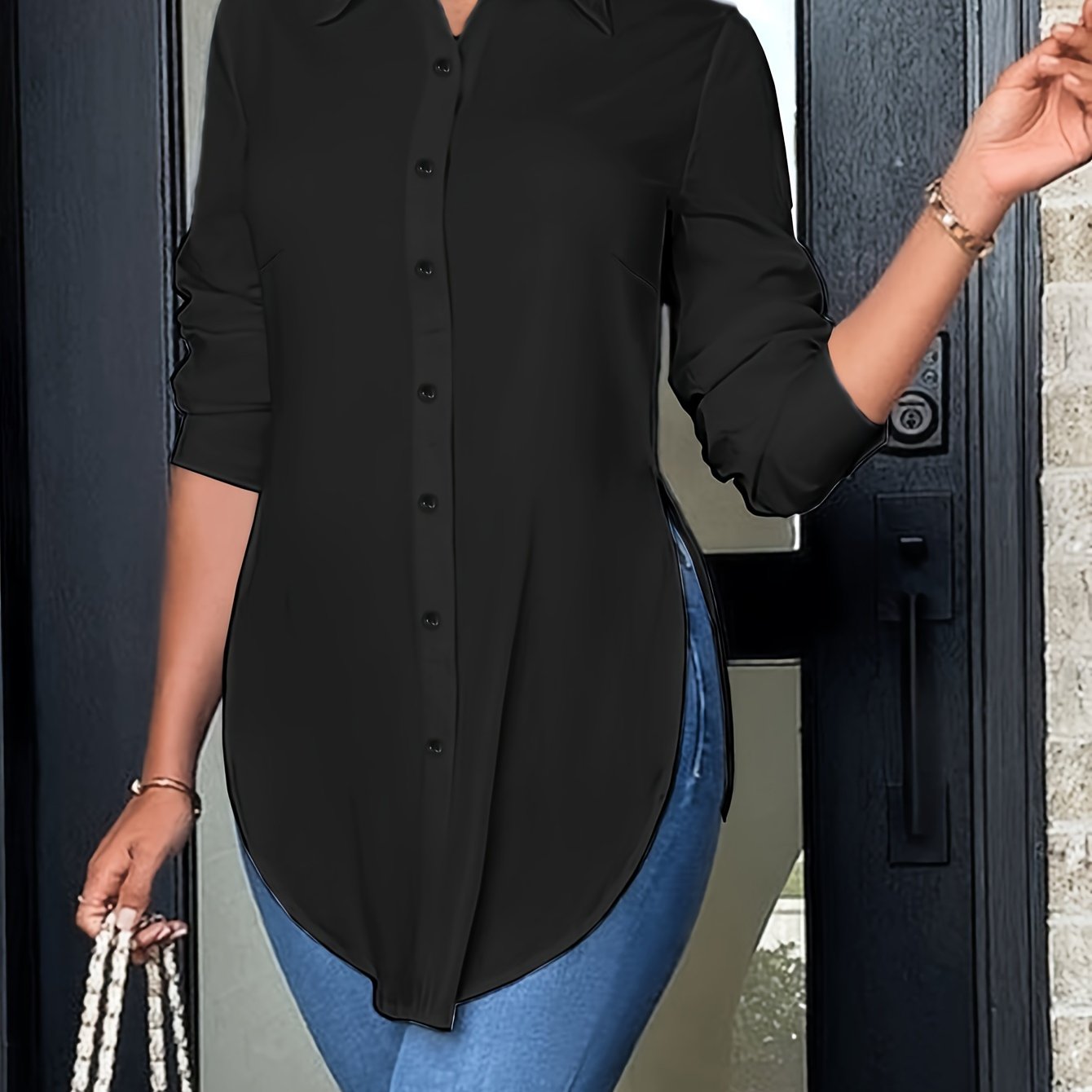 Effortless Tunic Blouse for Women with Collar Long Sleeve Button Front High Low Hem Style