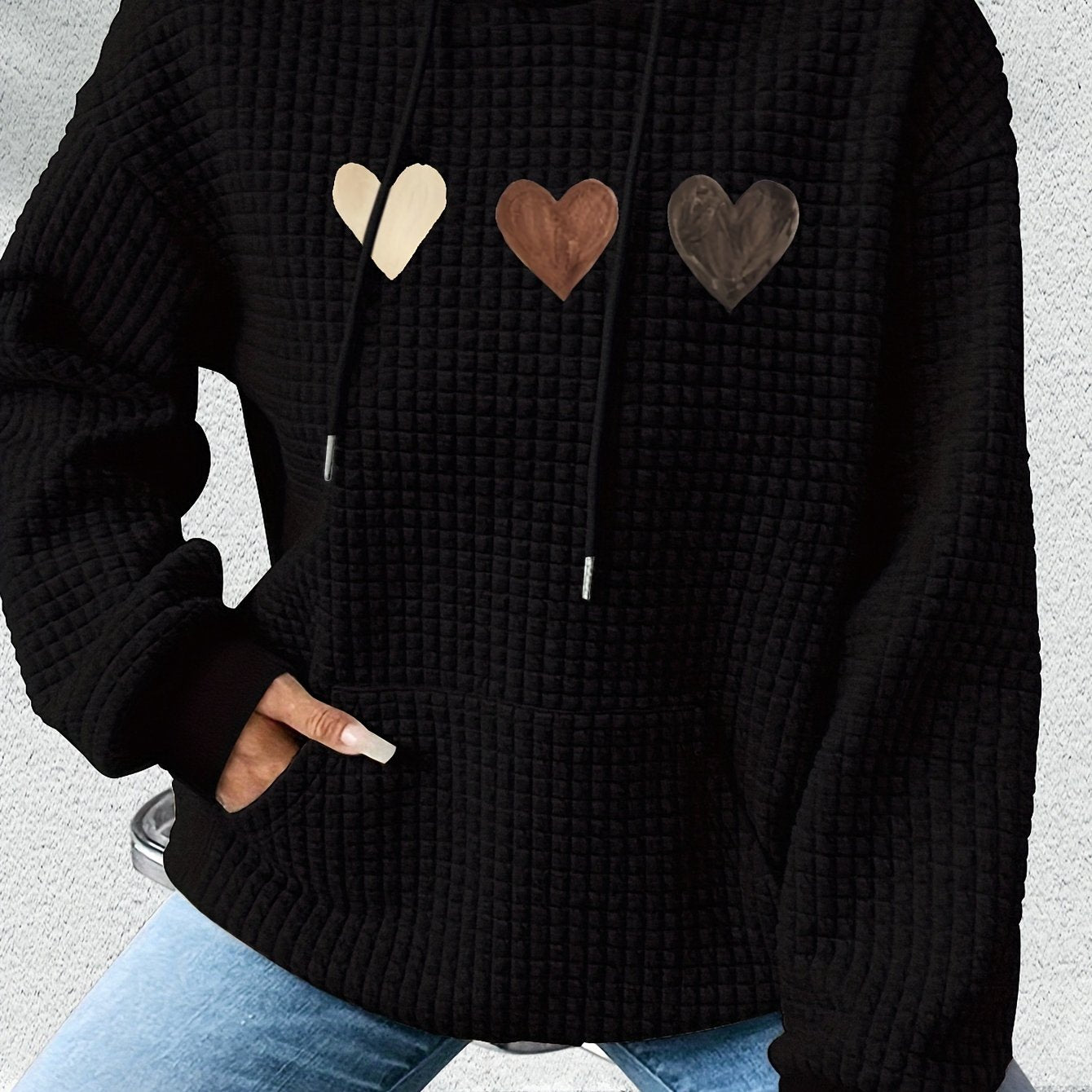 Effortless Heart Print Waffle Knit Hoodie for Women with Drawstring Hood Long Sleeve Oversized Relaxed Style