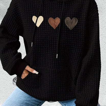 Effortless Heart Print Waffle Knit Hoodie for Women with Drawstring Hood Long Sleeve Oversized Relaxed Style