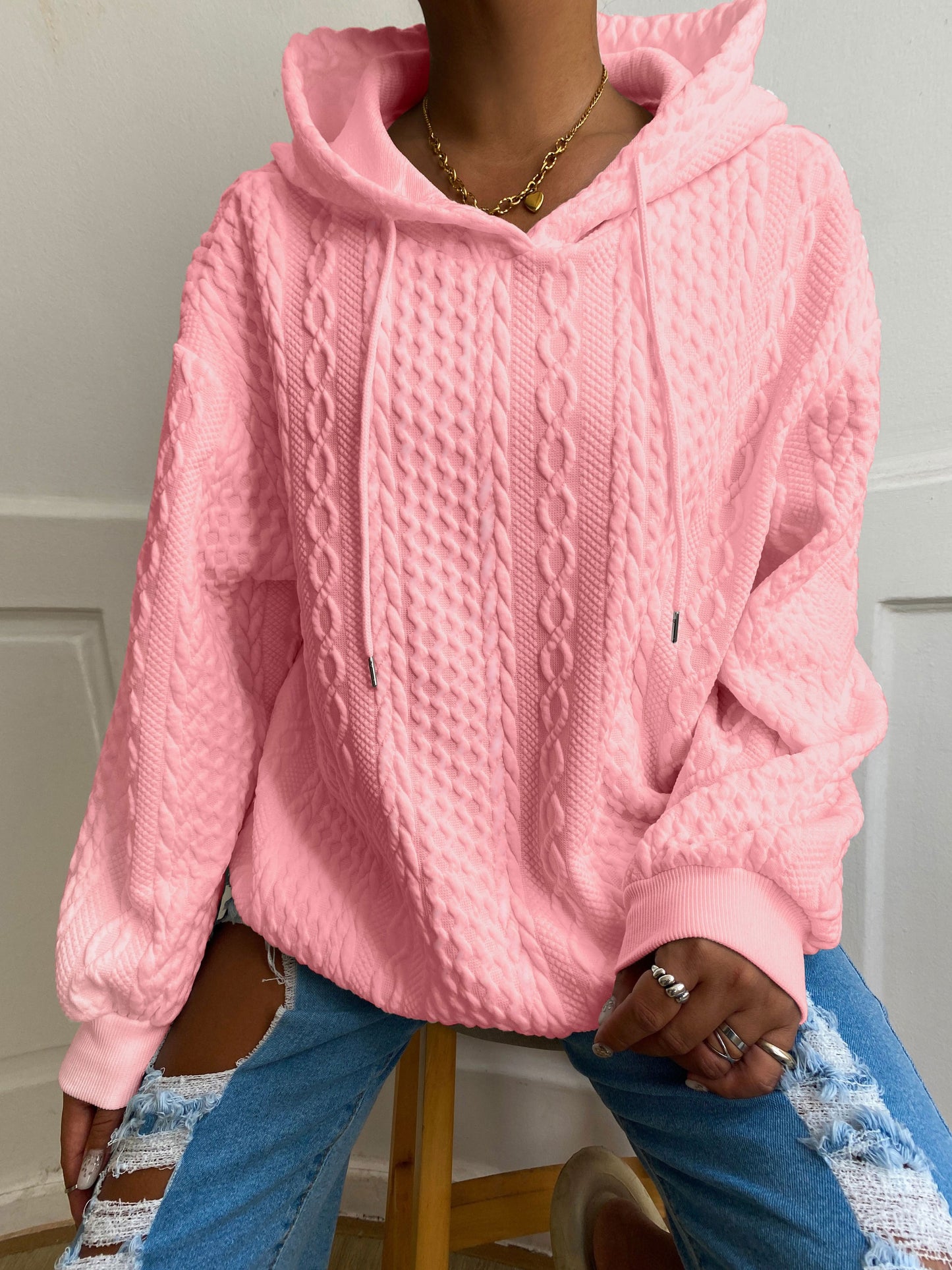 Comfortable Cable Knit Hoodie for Women with Drawstring Hood Long Sleeve Relaxed Oversized Style