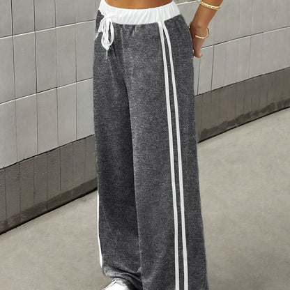 Effortless Side Stripe Wide Leg Pants for Women with High Waist Drawstring Relaxed Track Style