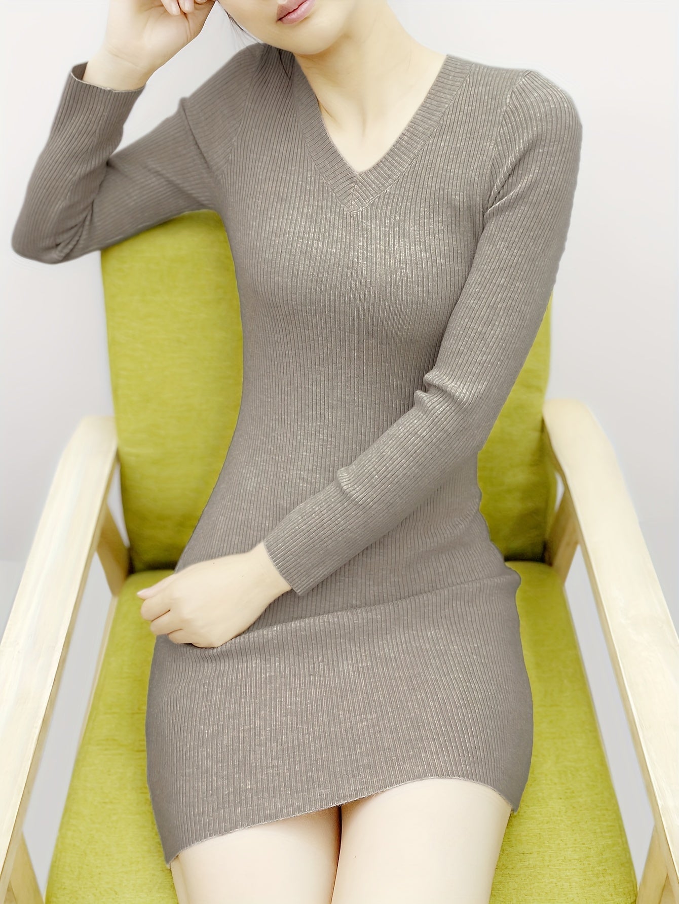 Elegant Ribbed Sweater Mini Dress for Women with V Neck Long Sleeve Bodycon Knit Style