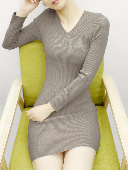 Elegant Ribbed Sweater Mini Dress for Women with V Neck Long Sleeve Bodycon Knit Style