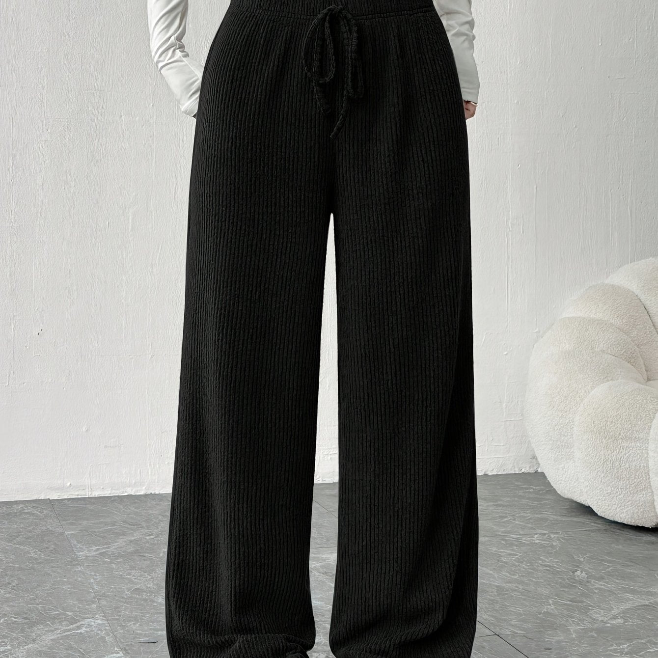 Effortless Ribbed Knit Wide Leg Pants for Women with High Waist Drawstring Relaxed Casual Style