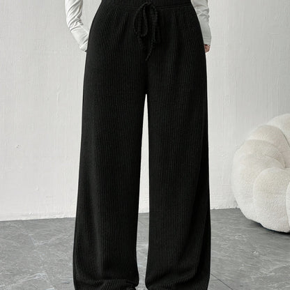 Effortless Ribbed Knit Wide Leg Pants for Women with High Waist Drawstring Relaxed Casual Style