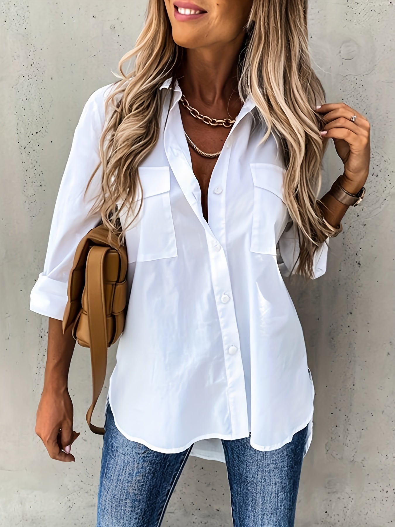 Effortless Utility Blouse for Women with Collar Long Sleeve Button Front Patch Pocket Relaxed Style