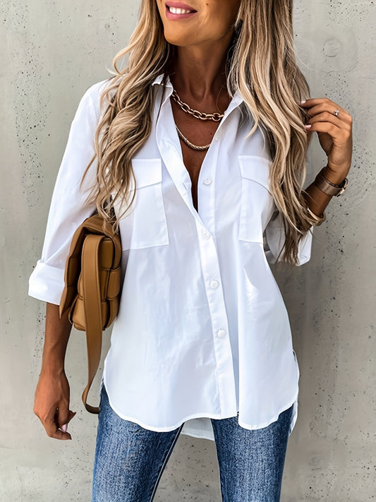 Effortless Utility Blouse for Women with Collar Long Sleeve Button Front Patch Pocket Relaxed Style