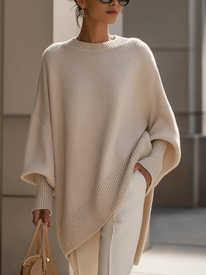 Comfortable Knit Sweater for Women with Crew Neck Batwing Sleeve Asymmetric Hem Oversized Style