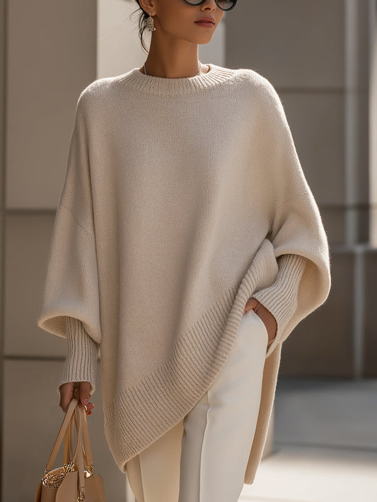 Comfortable Knit Sweater for Women with Crew Neck Batwing Sleeve Asymmetric Hem Oversized Style
