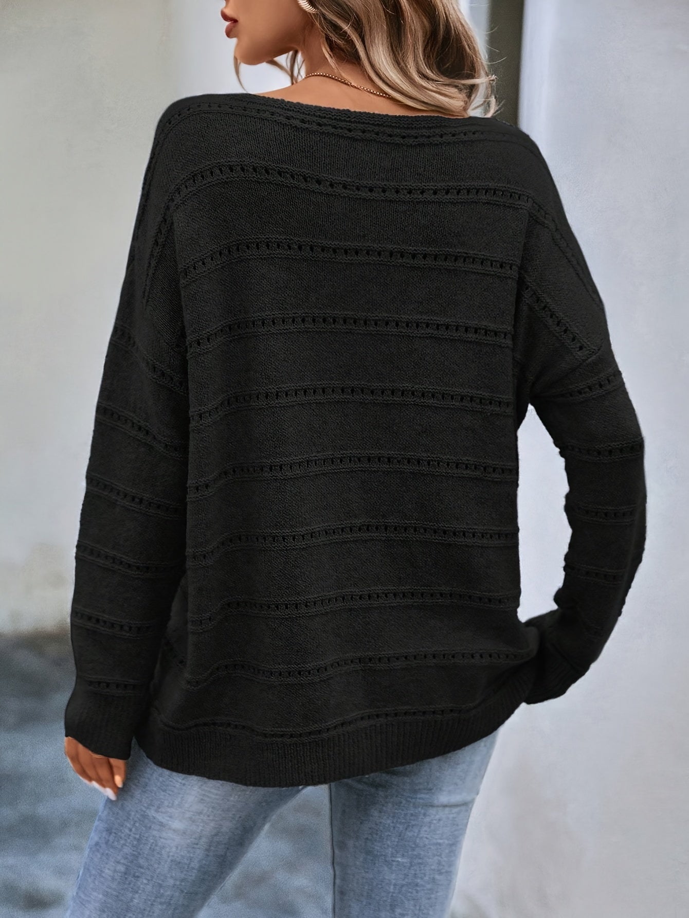 Comfortable Striped Pointelle Sweater for Women with Boat Neck Long Sleeve Drop Shoulder Oversized Knit Style