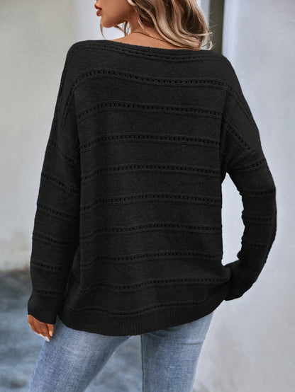 Comfortable Striped Pointelle Sweater for Women with Boat Neck Long Sleeve Drop Shoulder Oversized Knit Style