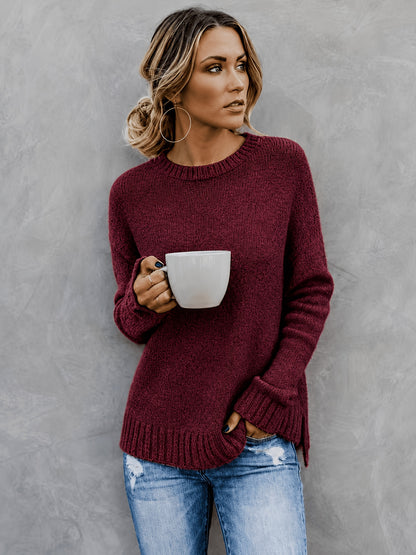 Comfortable Knit Sweater for Women with Crew Neck Bell Sleeve Side Slit Oversized Style