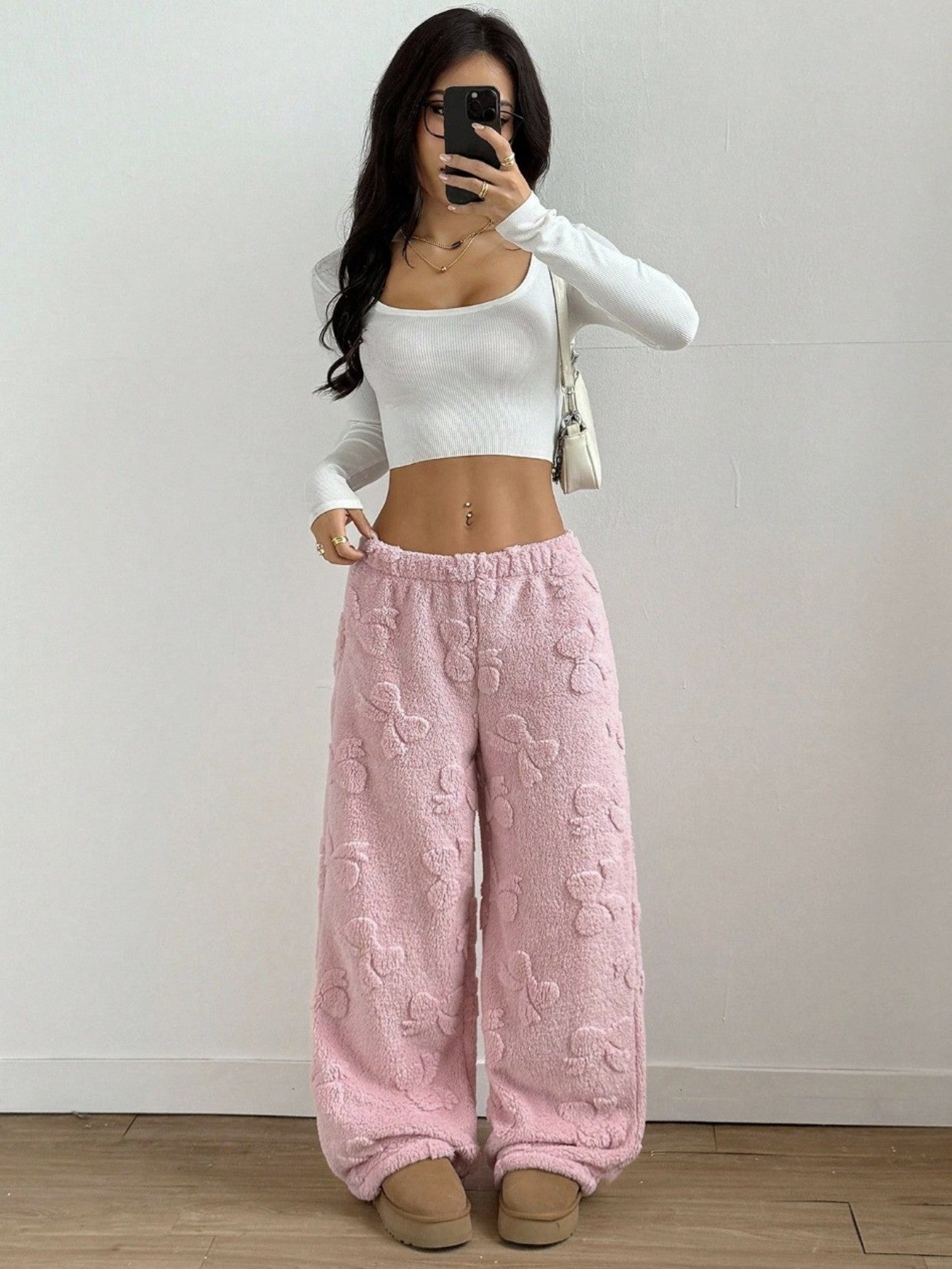 Comfortable Pink Sherpa Wide Leg Pants for Women with High Waist Elastic Bow Print Cozy Style