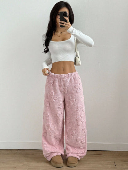 Comfortable Pink Sherpa Wide Leg Pants for Women with High Waist Elastic Bow Print Cozy Style