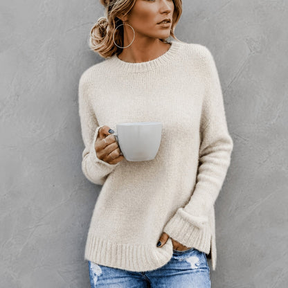 Comfortable Knit Sweater for Women with Crew Neck Bell Sleeve Side Slit Oversized Style
