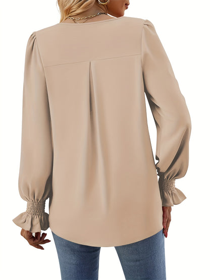 Effortless Pleated Blouse for Women with V Neck Balloon Sleeve Smocked Cuff Relaxed Style