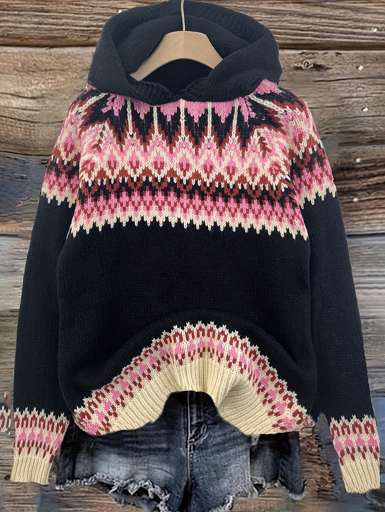 Comfortable Fair Isle Print Sweater for Women with Hooded Long Sleeve Relaxed Oversized Knit Style