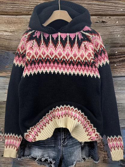 Comfortable Fair Isle Print Sweater for Women with Hooded Long Sleeve Relaxed Oversized Knit Style