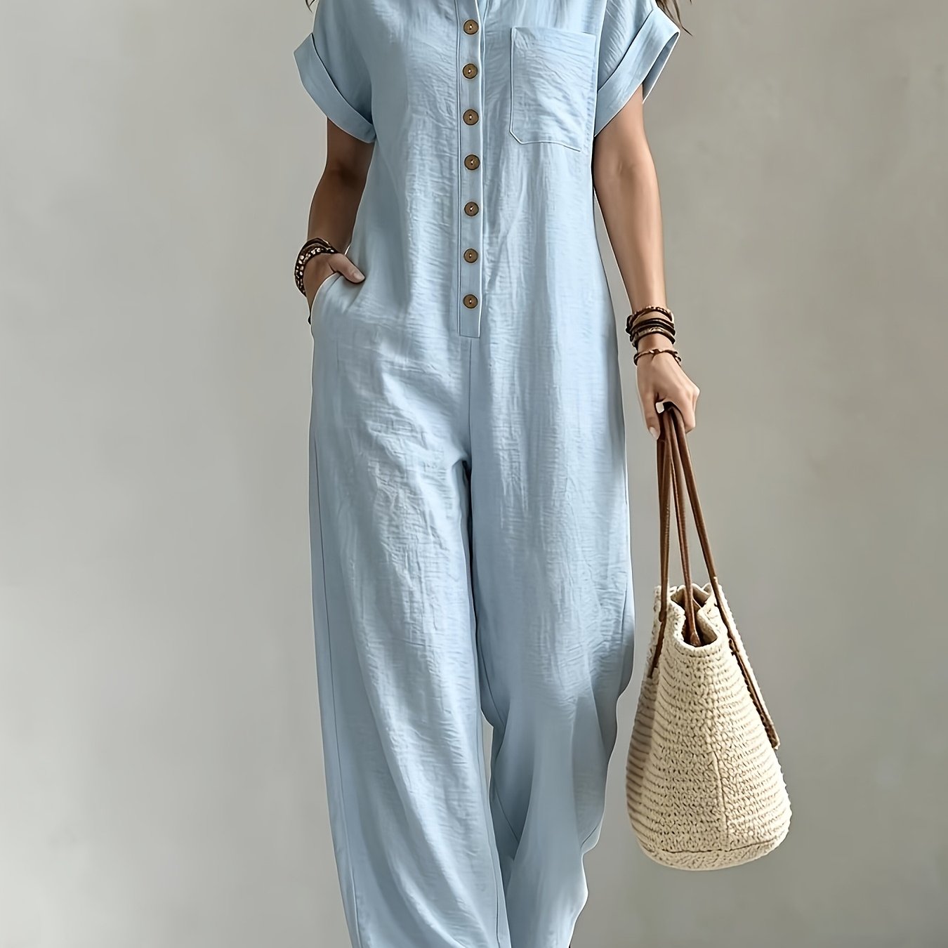 Effortless Linen Wide Leg Jumpsuit for Women with Collar Short Sleeve Button Front Relaxed Style