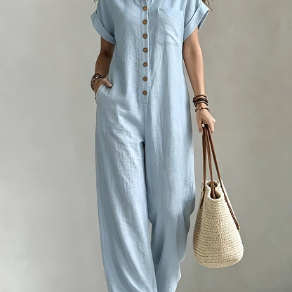 Effortless Linen Wide Leg Jumpsuit for Women with Collar Short Sleeve Button Front Relaxed Style