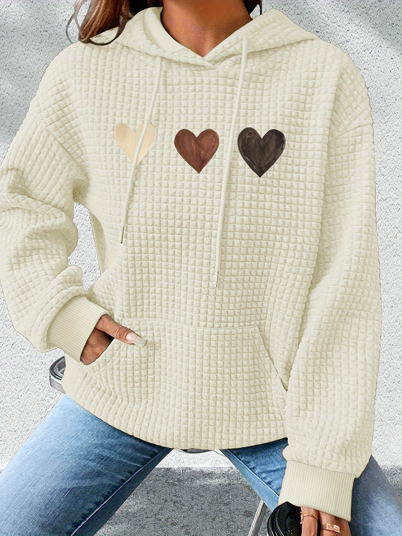 Effortless Heart Print Waffle Knit Hoodie for Women with Drawstring Hood Long Sleeve Oversized Relaxed Style