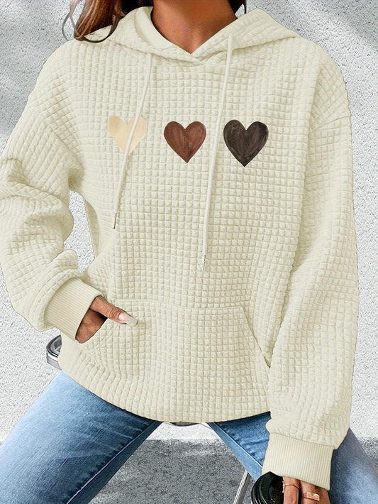 Effortless Heart Print Waffle Knit Hoodie for Women with Drawstring Hood Long Sleeve Oversized Relaxed Style
