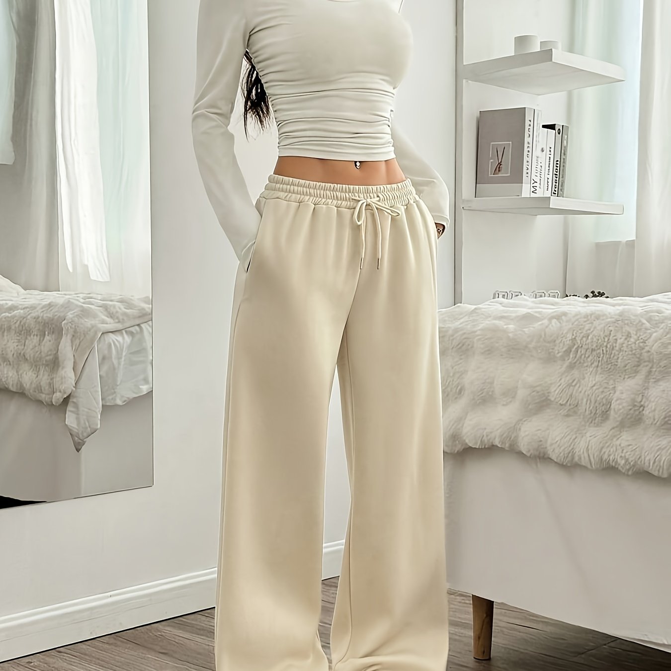 Effortless Wide Leg Set for Women with Round Neck Long Sleeve Ruched Drawstring Two Piece Style