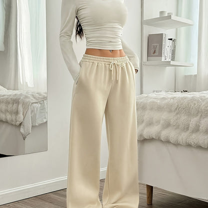 Effortless Wide Leg Set for Women with Round Neck Long Sleeve Ruched Drawstring Two Piece Style