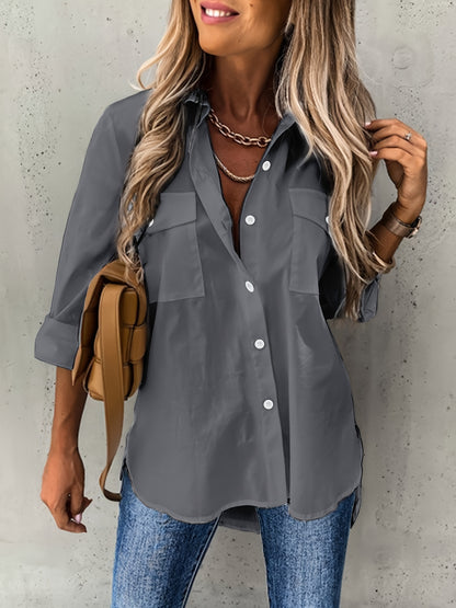 Effortless Utility Blouse for Women with Collar Long Sleeve Button Front Patch Pocket Relaxed Style