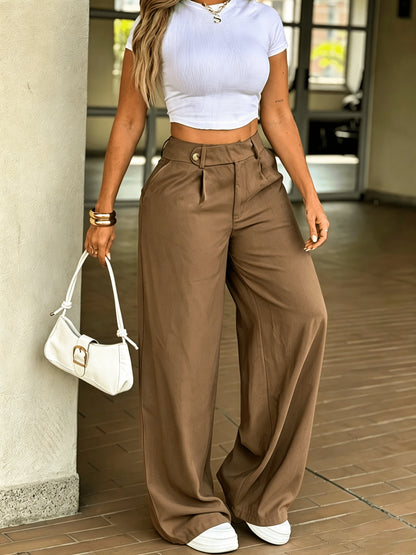 Effortless Wide Leg Trousers for Women with High Waist Pleated Front Button Tab Relaxed Style