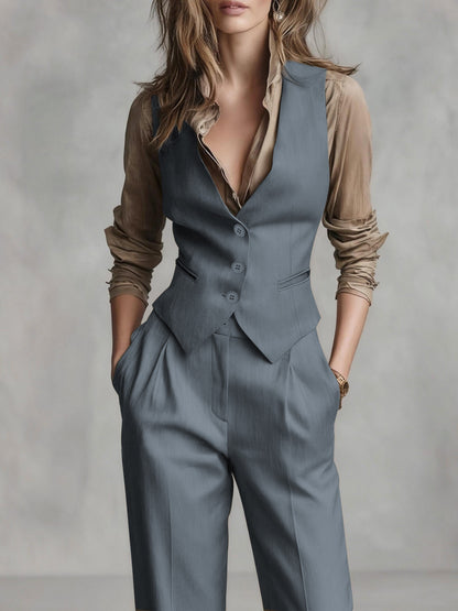 Elegant Coffee Brown Three Piece Set for Women with Button Front Vest Sheer Blouse Wide Leg Pant Casual Style