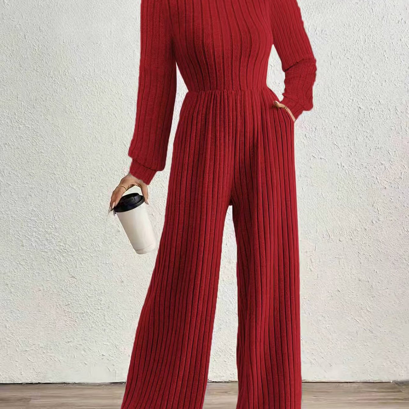 Elegant Ribbed Knit Jumpsuit for Women with Mock Neck Long Sleeve Wide Leg Casual Style