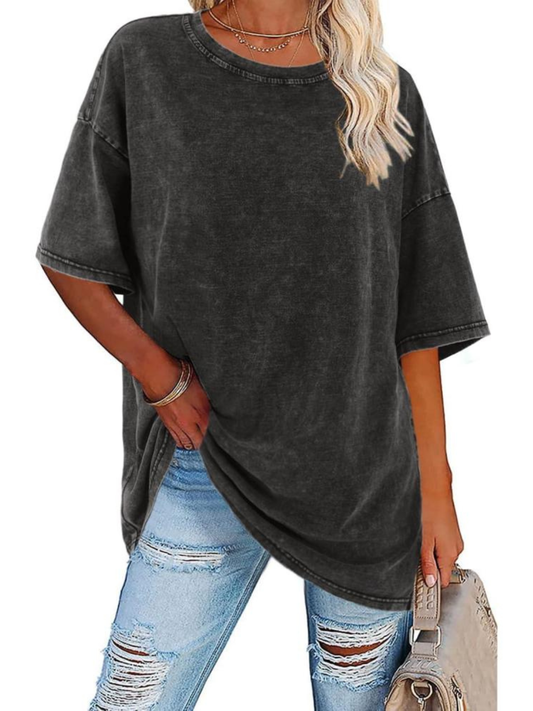 Comfortable Washed Cotton Tunic Top for Women with Crew Neck Short Sleeve Curved Hem Oversized Casual Style