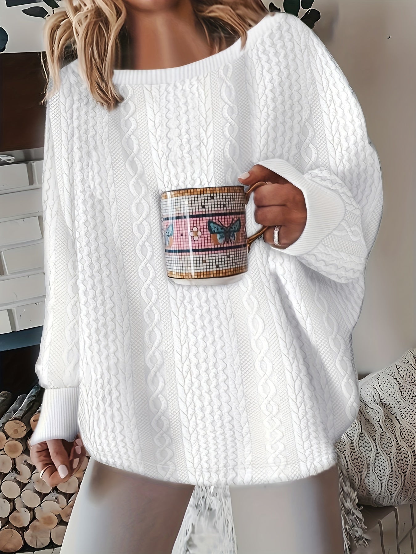 Comfortable Cable Knit Sweater for Women with Round Neck Long Sleeve Relaxed Oversized Knit Style