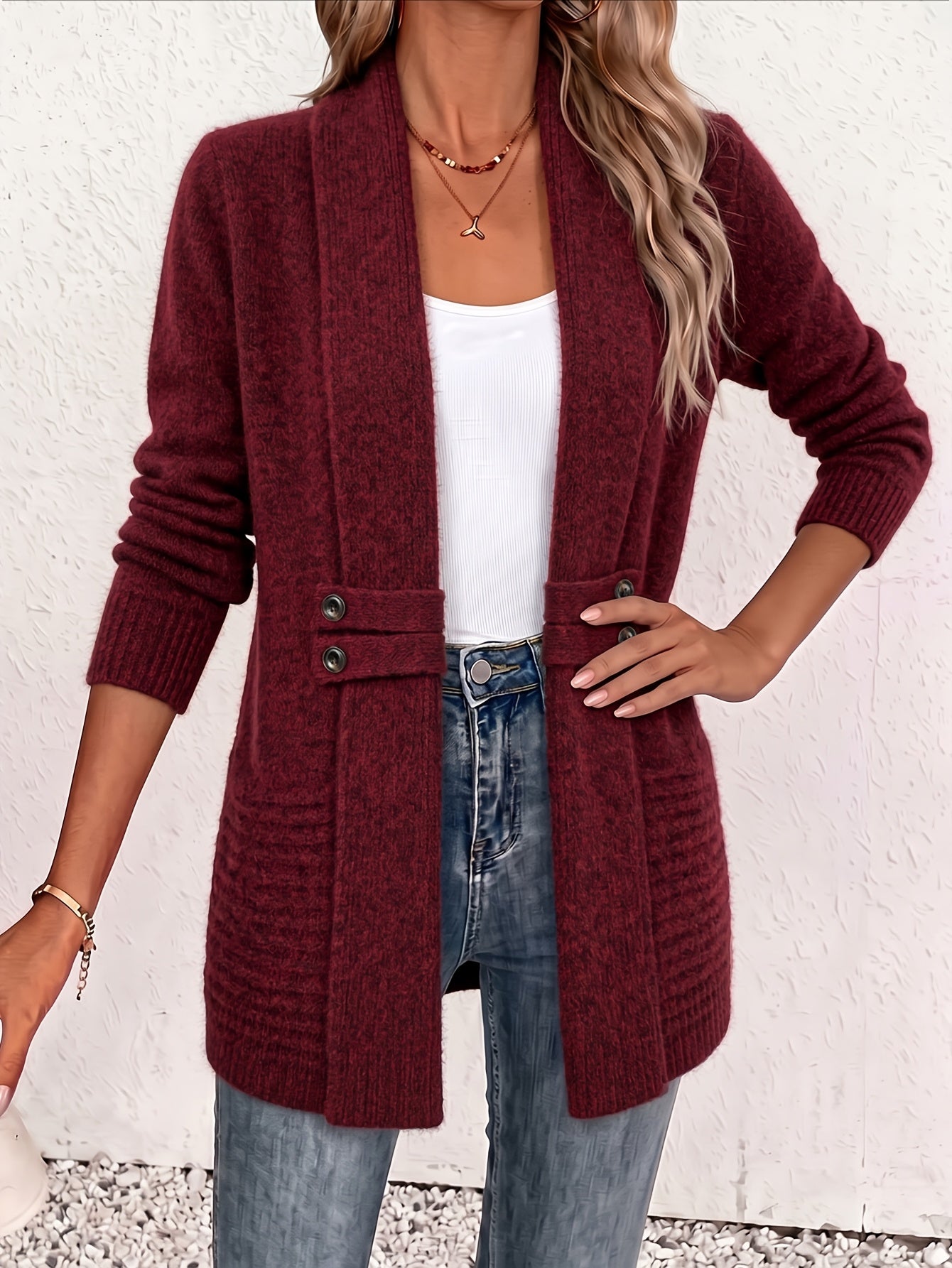 Comfortable Ribbed Cardigan Sweater for Women with Shawl Collar Long Sleeve Button Tab Oversized Knit Style