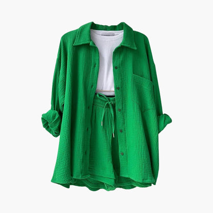 Effortless Cotton Gauze Two Piece Set for Women with Collared Button Front Long Sleeve Drawstring Shorts Relaxed Style