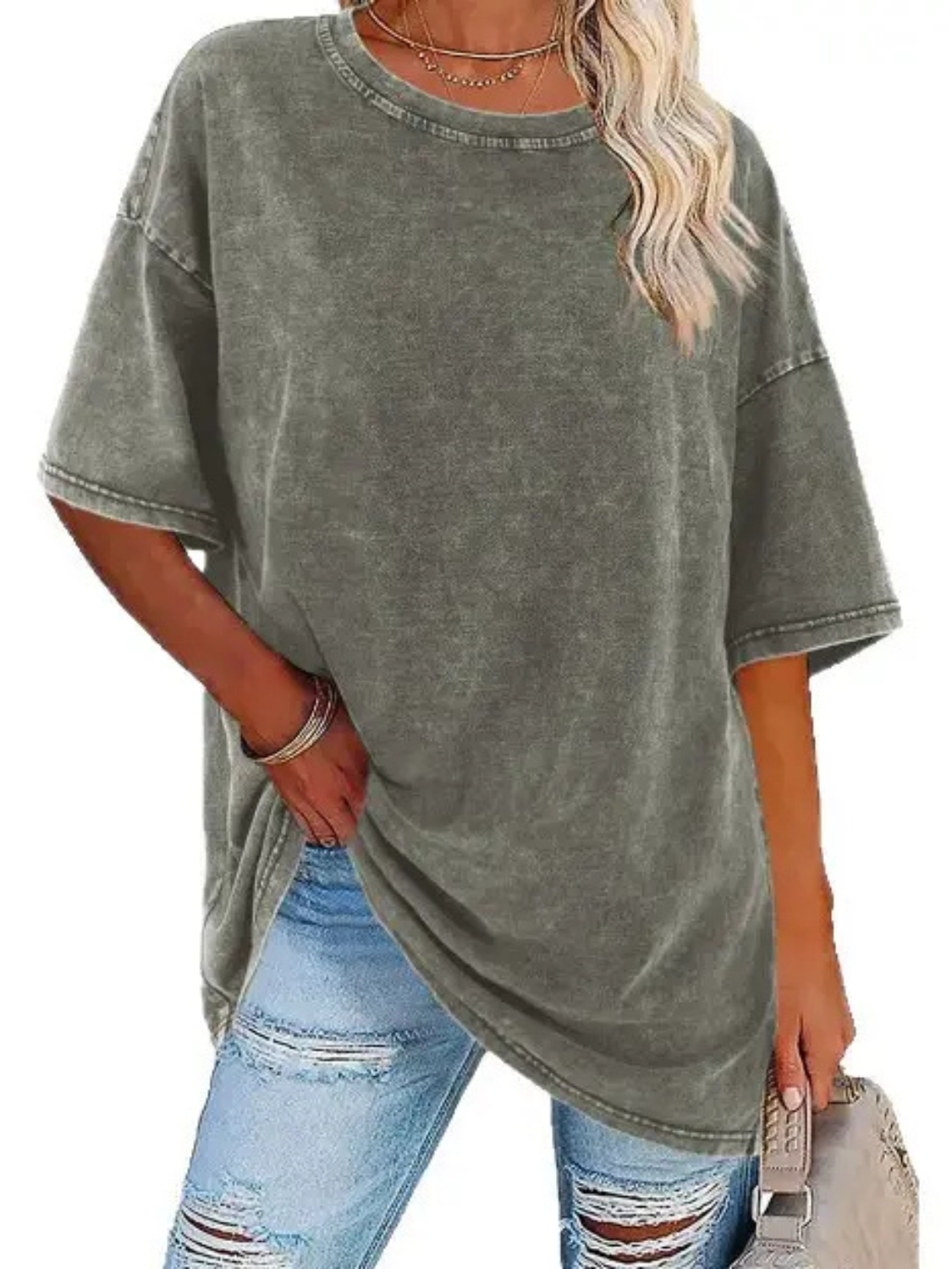 Comfortable Washed Cotton Tunic Top for Women with Crew Neck Short Sleeve Curved Hem Oversized Casual Style